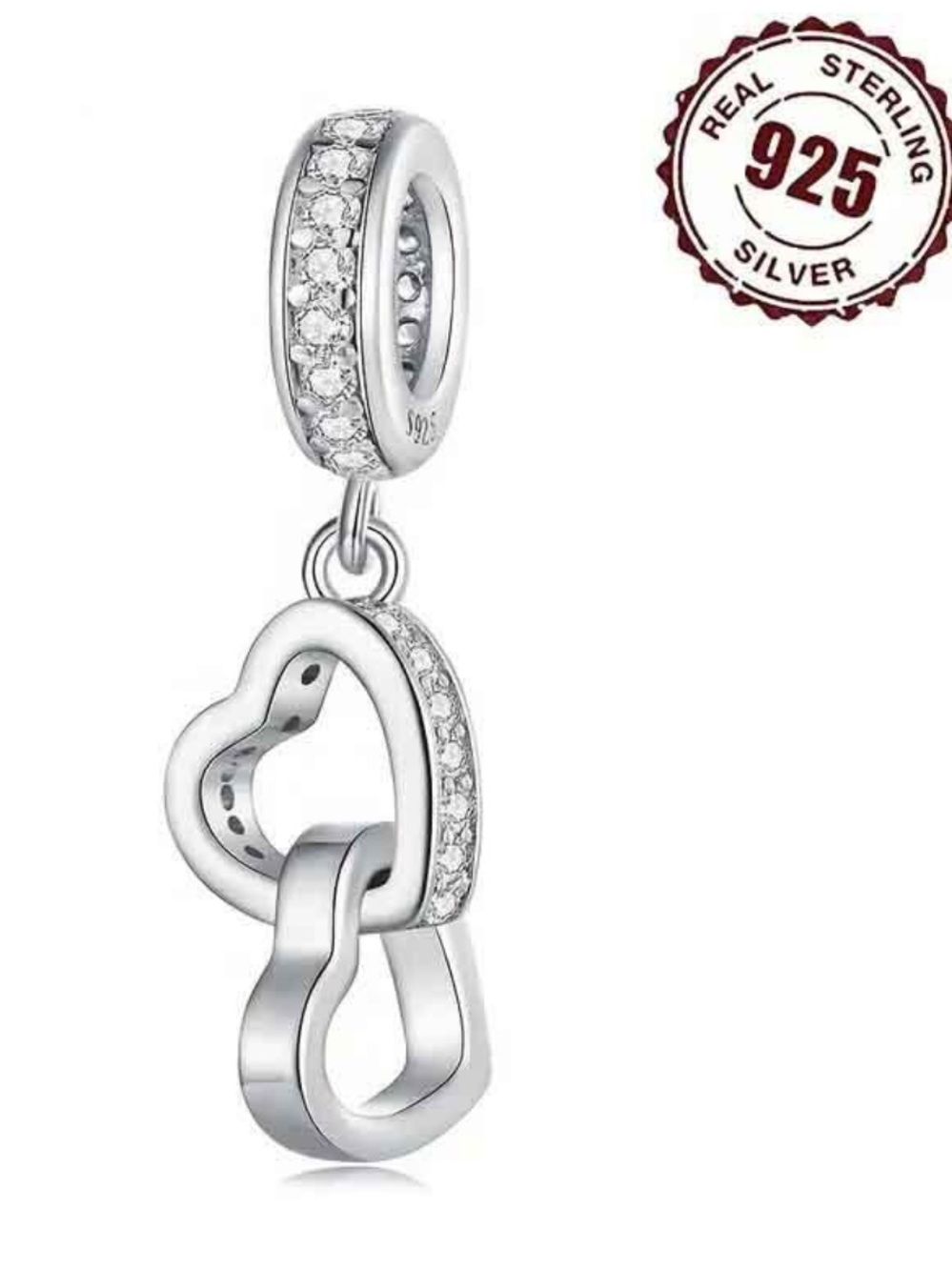 New S925 Sterling Silver Double Heart Dangle Charm Clear CZ Interlocking Hearts